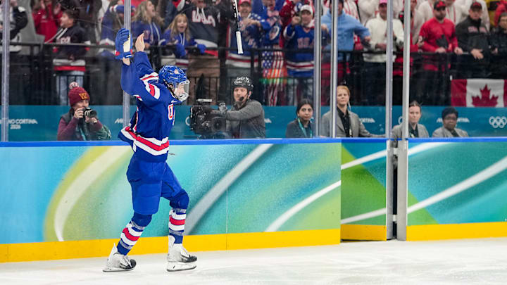 Megan Keller celebrates her game-winning goal in overtime, helping to secure a gold medal for Team USA at the Milan Cortina Olympics.