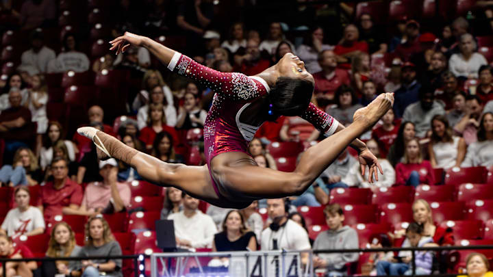 Alabama's Azaraya Ra-Akbar performs her floor routine in the meet against Kentucky on Mar. 6, 2026.