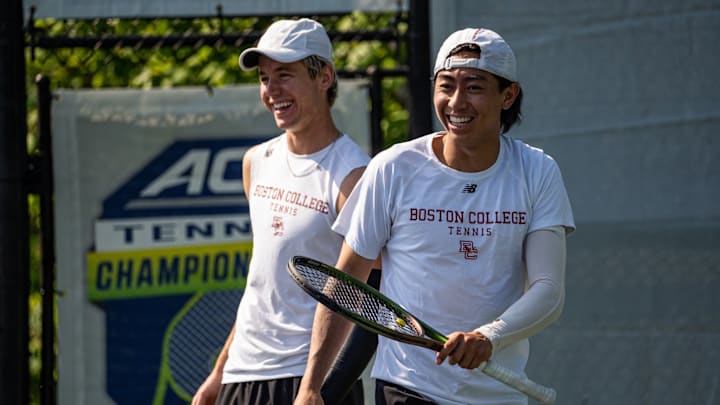 Eagles senior men's tennis player Jake Vassel (left) and former Boston College tennis player Mason Fung (Right)