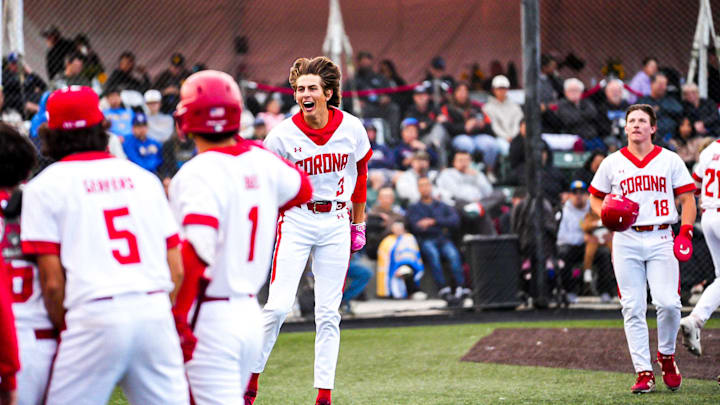Corona High's Billy Carlson (3) celebrates after rounding the bases from a home run against La Mirada in the Boras Classic final.