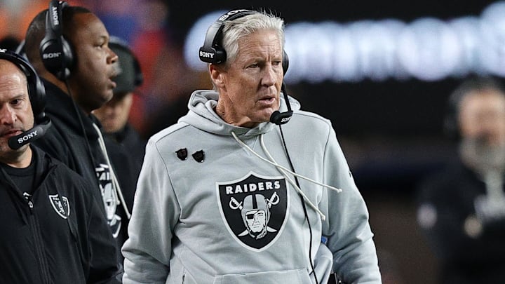 Nov 6, 2025; Denver, Colorado, USA; Las Vegas Raiders head coach Pete Carroll during the first half at Empower Field at Mile High. Mandatory Credit: Isaiah J. Downing-Imagn Images