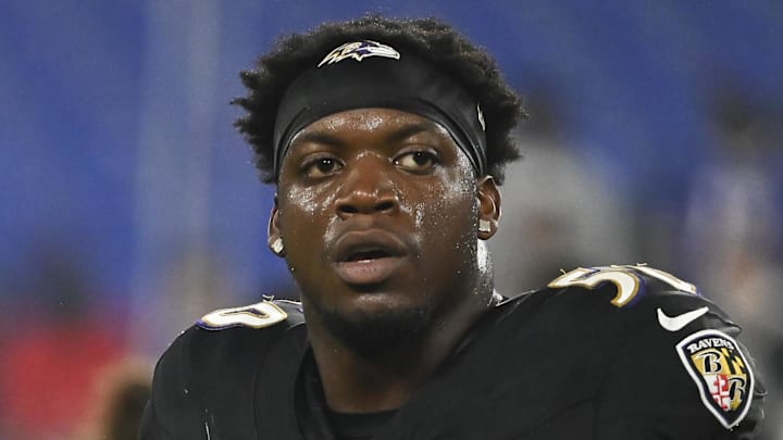 Sep 29, 2024; Baltimore, Maryland, USA;  Baltimore Ravens linebacker Adisa Isaac (50)  after the game against the Buffalo Bills at M&T Bank Stadium. Mandatory Credit: Tommy Gilligan-Imagn Images