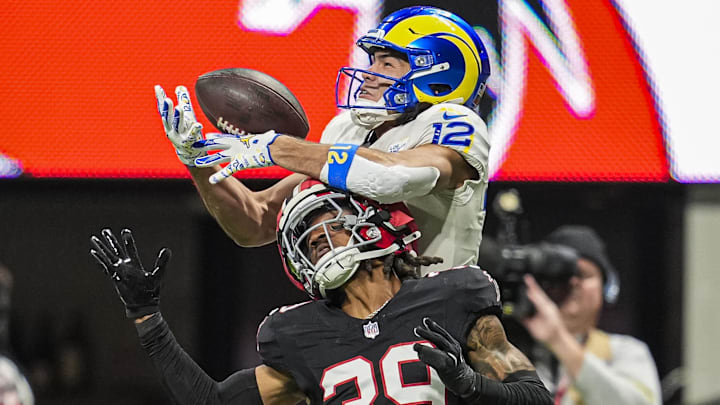 Dec 29, 2025; Atlanta, Georgia, USA; Los Angeles Rams wide receiver Puka Nacua (12) makes a catch over Atlanta Falcons cornerback C.J. Henderson (39) that is called back due to a penalty during the first half at Mercedes-Benz Stadium. Mandatory Credit: Dale Zanine-Imagn Images Dec 29, 2025; Atlanta, Georgia, USA; Los Angeles Rams wide receiver Puka Nacua (12) makes a catch over Atlanta Falcons cornerback C.J. Henderson (39) that is called back due to a penalty during the first half at Mercedes-Benz Stadium. Mandatory Credit: Dale Zanine-Imagn Images