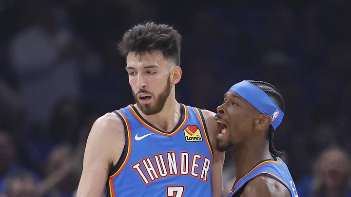 May 5, 2026; Oklahoma City, Oklahoma, USA; Oklahoma City Thunder guard Shai Gilgeous-Alexander (2) and center Chet Holmgren (7) celebrate after a play against the Los Angeles Lakers in the first half during game one of the second round of the 2026 NBA Playoffs at Paycom Center. Mandatory Credit: Alonzo Adams-Imagn Images