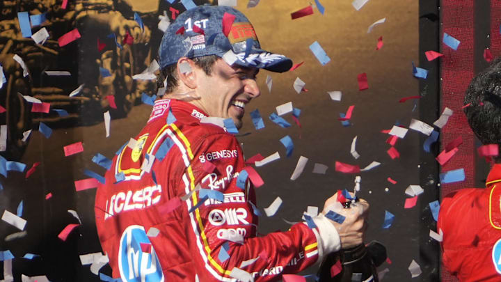 Oct 20, 2024; Austin, Texas, USA; Scuderia Ferrari driver Charles Leclerc of Team Monaco celebrates his win at the Formula 1 Pirelli United States Grand Prix at Circuit of the Americas. Mandatory Credit: Jay Janner-Imagn Images