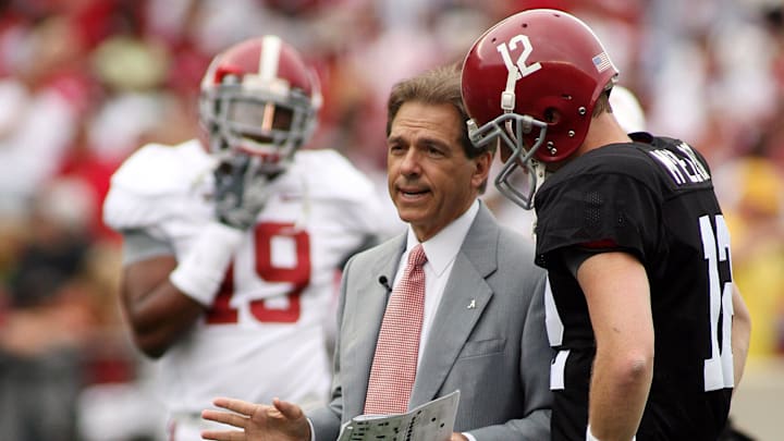 Alabama head coach Nick Saban coaches Alabama quarterback Greg McElroy (12)