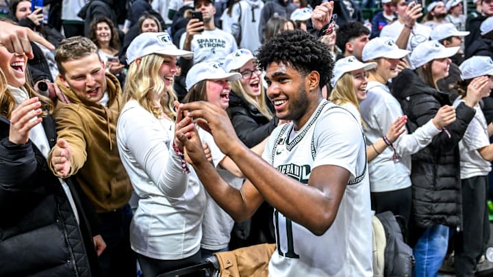 Michigan State's Jase Richardson celebrates win fans after the game against Oregon on Saturday, Feb. 8, 2025, at the Breslin Center East Lansing.