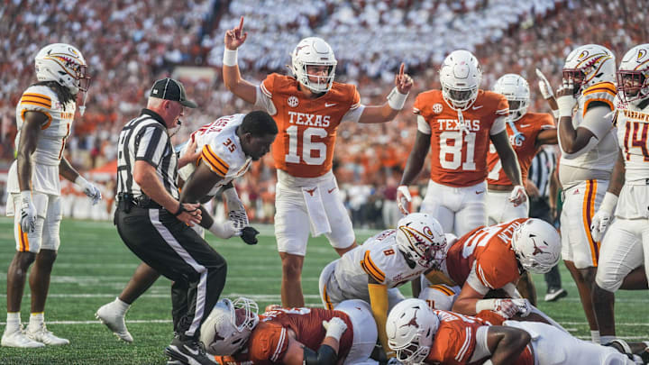 Texas Longhorns running back Jaydon Blue (23) scores a touchdown as he dives into the end zone as the Texas Longhorns take on ULM at Darrell K Royal-Texas Memorial Stadium in Austin Saturday, Sept. 21, 2024. Texas Longhorns running back Jaydon Blue (23) scores a touchdown as he dives into the end zone as the Texas Longhorns take on ULM at Darrell K Royal-Texas Memorial Stadium in Austin Saturday, Sept. 21, 2024.