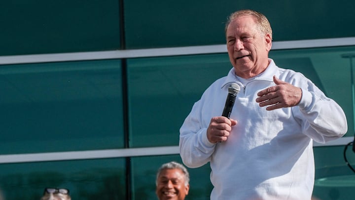 Michigan State Men's Head Basketball Coach Tom Izzo speaks to the crowd before the start of the Izzo Legacy 5K run Sunday, April 27, 2025.