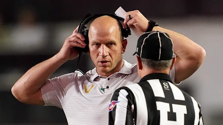 Vanderbilt coach Clark Lea speaks with officials during the first quarter against Georgia State at FirstBank Stadium in Nashville, Tenn., Saturday, Sept. 20, 2025. Vanderbilt coach Clark Lea speaks with officials during the first quarter against Georgia State at FirstBank Stadium in Nashville, Tenn., Saturday, Sept. 20, 2025.