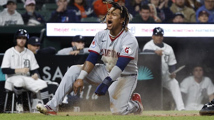 May 24, 2025; Detroit, Michigan, USA; Cleveland Guardians third baseman José Ramírez (11) reacts after scoring a run in the ninth inning of the game against the Detroit Tigers at Comerica Park. Mandatory Credit: Brian Bradshaw Sevald-Imagn Images May 24, 2025; Detroit, Michigan, USA; Cleveland Guardians third baseman José Ramírez (11) reacts after scoring a run in the ninth inning of the game against the Detroit Tigers at Comerica Park. Mandatory Credit: Brian Bradshaw Sevald-Imagn Images