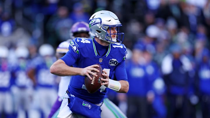 Nov 30, 2025; Seattle, Washington, USA; Seattle Seahawks quarterback Sam Darnold (14) drops back to make a pass during the second half against the Minnesota Vikings at Lumen Field. Nov 30, 2025; Seattle, Washington, USA; Seattle Seahawks quarterback Sam Darnold (14) drops back to make a pass during the second half against the Minnesota Vikings at Lumen Field.