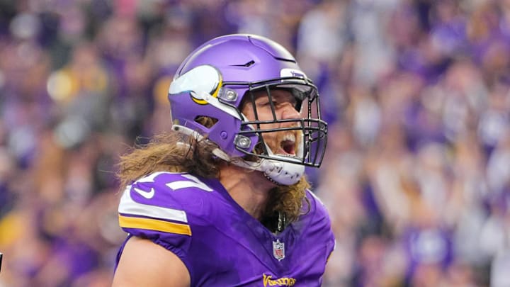 Nov 12, 2023; Minneapolis, Minnesota, USA; Minnesota Vikings tight end T.J. Hockenson (87) celebrates his touchdown against the New Orleans Saints in the second quarter at U.S. Bank Stadium. Mandatory Credit: Brad Rempel-Imagn Images Nov 12, 2023; Minneapolis, Minnesota, USA; Minnesota Vikings tight end T.J. Hockenson (87) celebrates his touchdown against the New Orleans Saints in the second quarter at U.S. Bank Stadium. Mandatory Credit: Brad Rempel-Imagn Images