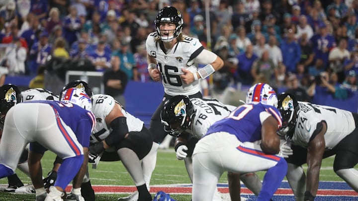 Jacksonville Jaguars quarterback Trevor Lawrence calls out a play during second-half action at Highmark Stadium in Orchard Park on Sept. 23, 2024.