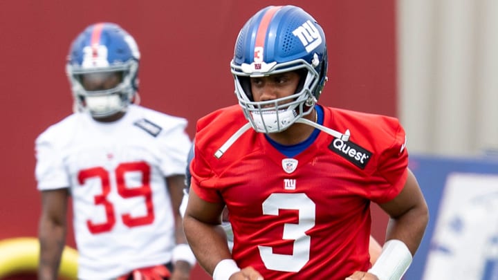 Russell Wilson, quarterback with the NY Giants, runs drills during OTA practice at Quest Diagnostics Training Center, East Rutherford, NJ, May 28, 2025.