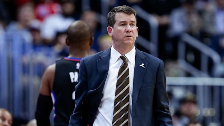 Mar 16, 2017; Denver, CO, USA; Los Angeles Clippers assistant coach Brendan O'Connor in the first quarter against the Denver Nuggets at the Pepsi Center. The Nuggets won 129-114. Mandatory Credit: Isaiah J. Downing-Imagn Images