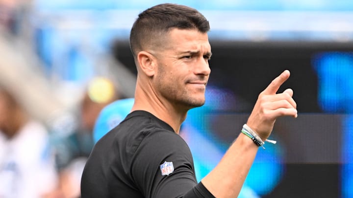 Sep 29, 2024; Charlotte, North Carolina, USA; Carolina Panthers head coach Dave Canales on the field before the game at Bank of America Stadium. Mandatory Credit: Bob Donnan-Imagn Images