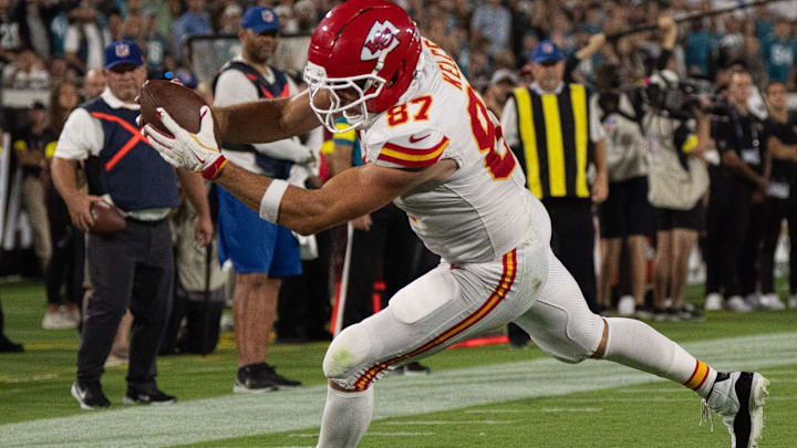 Kansas City Chiefs tight end Travis Kelce (87) scores a touchdown during a Monday Night NFL football game at EverBank Stadium, Monday, Oct. 6, 2025, in Jacksonville, Fla. [Doug EngleFlorida Times-Union]