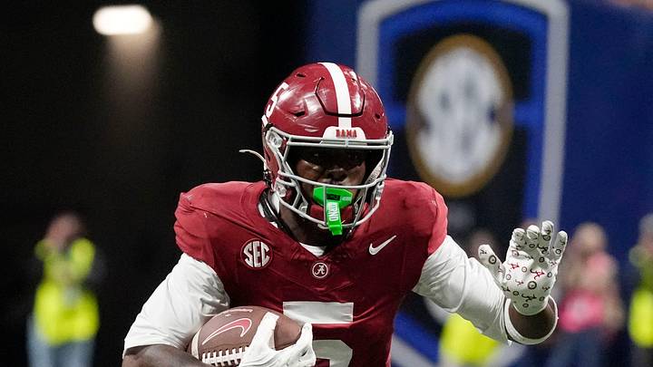 Dec 6, 2025; Atlanta, GA, USA; Alabama wide receiver Germie Bernard (5) runs with the ball after making a catch during the game with Georgia at Mercedes-Benz Stadium. Mandatory Credit: Gary Cosby Jr.-Tuscaloosa News