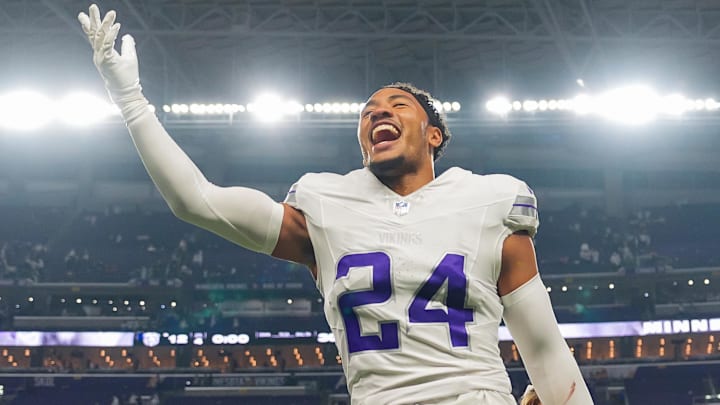 Dec 16, 2024; Minneapolis, Minnesota, USA; Minnesota Vikings safety Camryn Bynum (24) celebrates after the game against the Chicago Bears at U.S. Bank Stadium. Mandatory Credit: Brad Rempel-Imagn Images