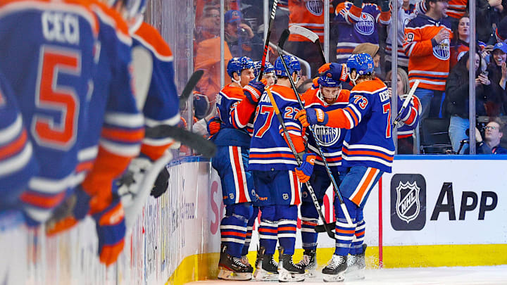 The Edmonton Oilers celebrate a goal scored 