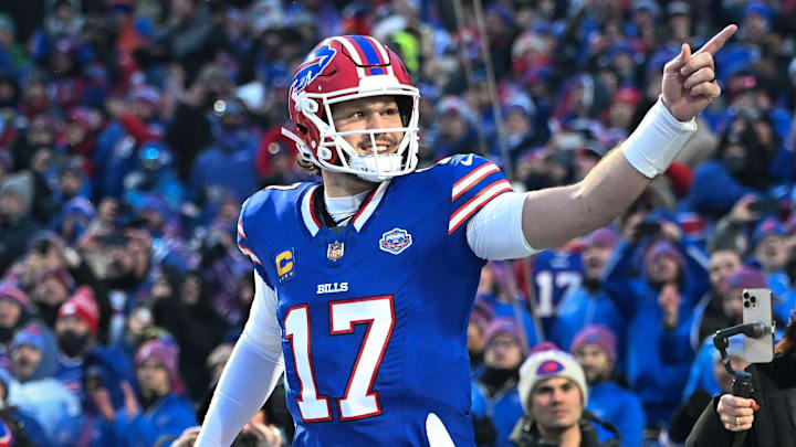 Jan 4, 2026; Orchard Park, New York, USA; Buffalo Bills quarterback Josh Allen (17) enters the field before a game against the New York Jets at Highmark Stadium.