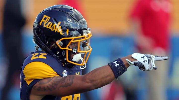 Kent State Golden Flashes wide receiver Chrishon McCray (22) celebrates after a first down against Miami during the first half of an NCAA football game at Dix Stadium, Saturday, Sept. 30, 2023, in Kent, Ohio.