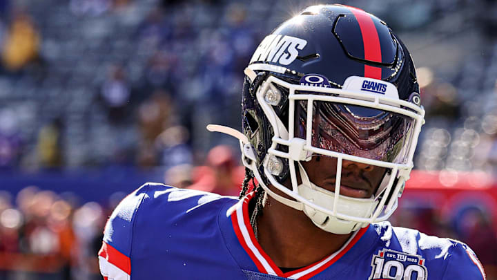 Nov 3, 2024; East Rutherford, New Jersey, USA; New York Giants wide receiver Malik Nabers (1) warms up before the game against the Washington Commanders at MetLife Stadium.  