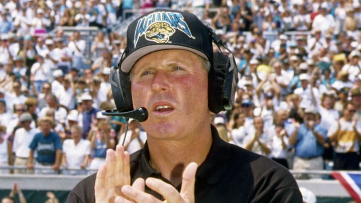 Sep 3, 1995; Jacksonville, FL, USA FILE PHOTO; Jacksonville Jaguars head coach Tom Coughlin on the sideline against the Tennessee Oliers at Alltel Stadium. Mandatory Credit: Imagn Images