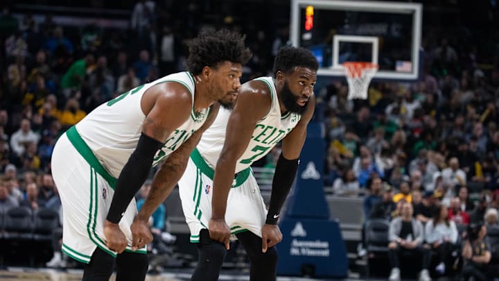 Boston Celtics guard Marcus Smart (36) and guard Jaylen Brown (7) against the Indiana Pacers at Gainbridge Fieldhouse. 