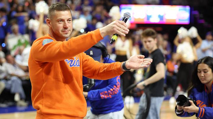 New Gator head football coach Jon Sumrall fires up the crowd during the first half an NCAA basketball game at Steven C. O'Connell Center Exactek arena in Gainesville, FL on Saturday, January 24, 2026. Students, who get in free, have a limited number of seats so many camp out overnight. [Alan Youngblood/Gainesville Sun]