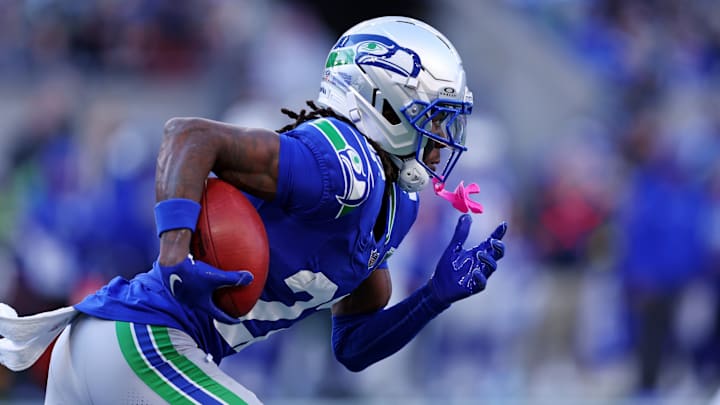 Nov 30, 2025; Seattle, Washington, USA; Seattle Seahawks wide receiver Rashid Shaheed (22) runs the ball during the second half against the Minnesota Vikings at Lumen Field. Nov 30, 2025; Seattle, Washington, USA; Seattle Seahawks wide receiver Rashid Shaheed (22) runs the ball during the second half against the Minnesota Vikings at Lumen Field.