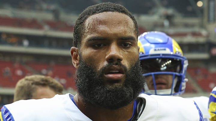 Aug 24, 2024; Houston, Texas, USA; Los Angeles Rams linebacker Omar Speights (48) before the game against the Houston Texans at NRG Stadium. Mandatory Credit: Troy Taormina-Imagn Images