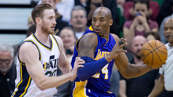 Mar 28, 2016; Salt Lake City, UT, USA; Utah Jazz forward Gordon Hayward (20) defends against Los Angeles Lakers forward Kobe Bryant (24) during the first quarter at Vivint Smart Home Arena. The Jazz won 123-75. Mandatory Credit: Russ Isabella-Imagn Images