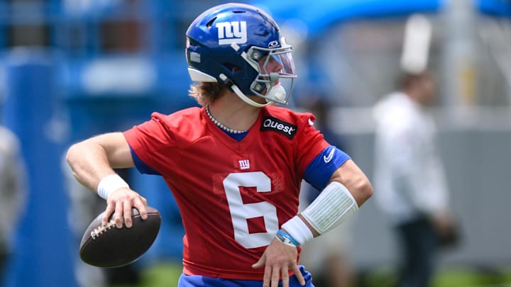 May 10, 2025; East Rutherford, NJ, USA; New York Giants quarterback Jaxson Dart (6) throws a pass during rookie minicamp at Quest Diagnostics Training Center. Mandatory Credit: John Jones-Imagn Images