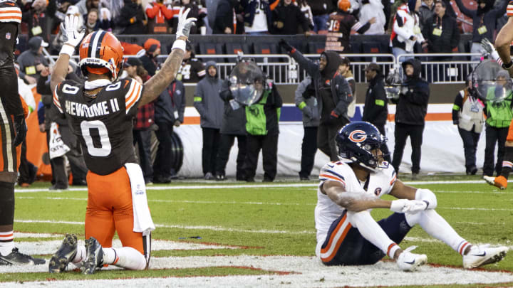 Greg Newsome II celebrates after Darnell Mooney dropped a tipped Hail Mary pass in the end zone from Justin Fields last season. Greg Newsome II celebrates after Darnell Mooney dropped a tipped Hail Mary pass in the end zone from Justin Fields last season.
