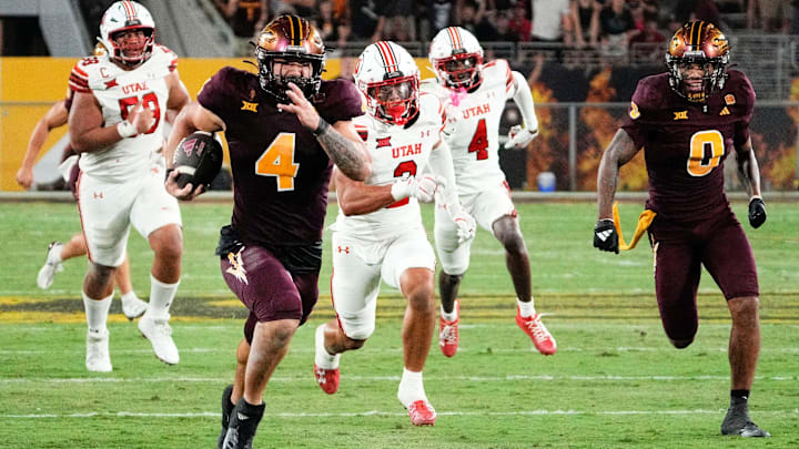 Arizona State running back Cam Skattebo (4) racked up 199 yards from scrimmage in the Sun Devils' upset of Utah. Arizona State running back Cam Skattebo (4) racked up 199 yards from scrimmage in the Sun Devils' upset of Utah.