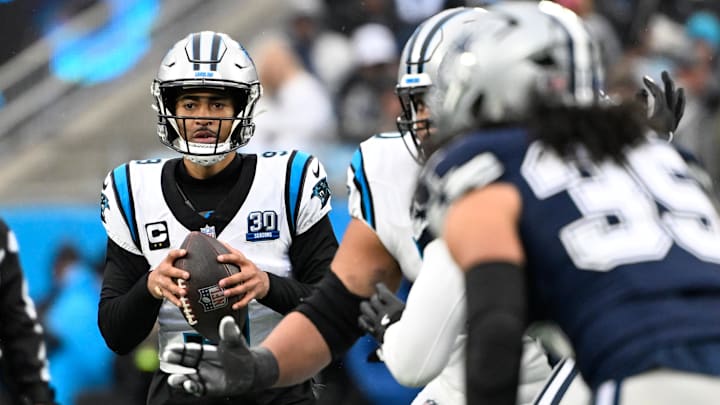 Dec 15, 2024; Charlotte, North Carolina, USA; Carolina Panthers quarterback Bryce Young (9) looks to pass in the fourth quarter at Bank of America Stadium. Mandatory Credit: Bob Donnan-Imagn Images