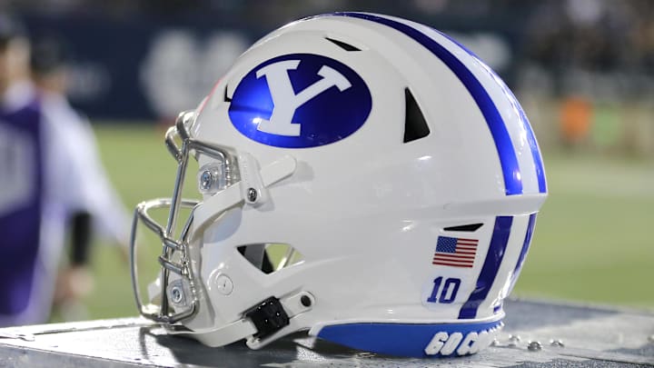 Oct 1, 2021; Logan, Utah, USA; A general view of a helmet worn by Brigham Young Cougars during a Oct 1, 2021; Logan, Utah, USA; A general view of a helmet worn by Brigham Young Cougars during a