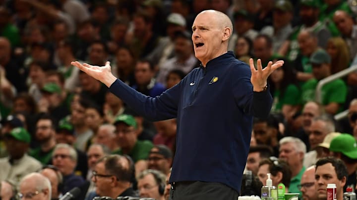 May 21, 2024; Boston, Massachusetts, USA; Indiana Pacers head coach Rick Carlisle  reacts against the Boston Celtics during the second half for game one of the eastern conference finals for the 2024 NBA playoffs at TD Garden. Mandatory Credit: Bob DeChiara-Imagn Images