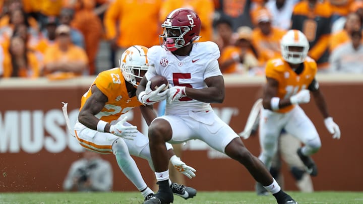 Oct 19, 2024; Knoxville, Tennessee, USA; Alabama Crimson Tide wide receiver Germie Bernard (5) runs the ball against the Tennessee Volunteers during the second quarter at Neyland Stadium. Mandatory Credit: Randy Sartin-Imagn Images