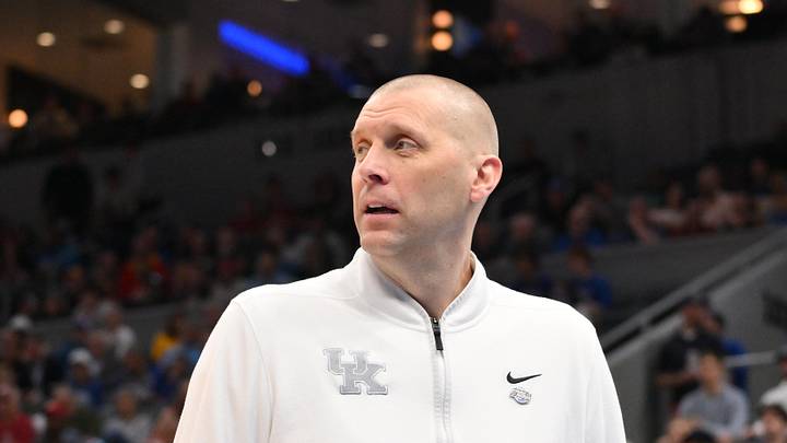 Mar 20, 2026; St. Louis, MO, USA; Kentucky Wildcats head coach Mark Pope looks on against the Santa Clara Broncos during the first half of a first round game of the men's 2026 NCAA Tournament at Enterprise Center. Mandatory Credit: Jeff Curry-Imagn Images