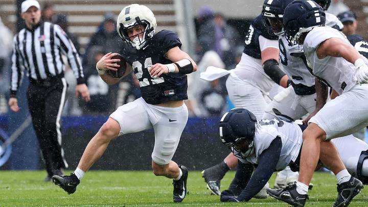 Apr 25, 2026; University Park, PA, USA; Penn State Nittany Lions running back Carson Hansen (21) runs with the ball during the Penn State Blue-White Spring game at Beaver Stadium. Mandatory Credit: Matthew O'Haren-Imagn Images