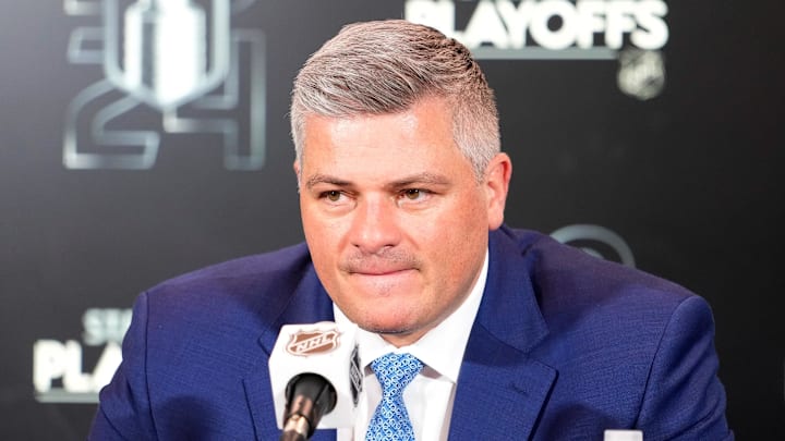 Apr 24, 2024; Toronto, Ontario, CAN; Toronto Maple Leafs head coach Sheldon Keefe listens to a question from the media following a loss to the Boston Bruins in game three of the first round of the 2024 Stanley Cup Playoffs at Scotiabank Arena. Mandatory Credit: John E. Sokolowski-USA TODAY Sports