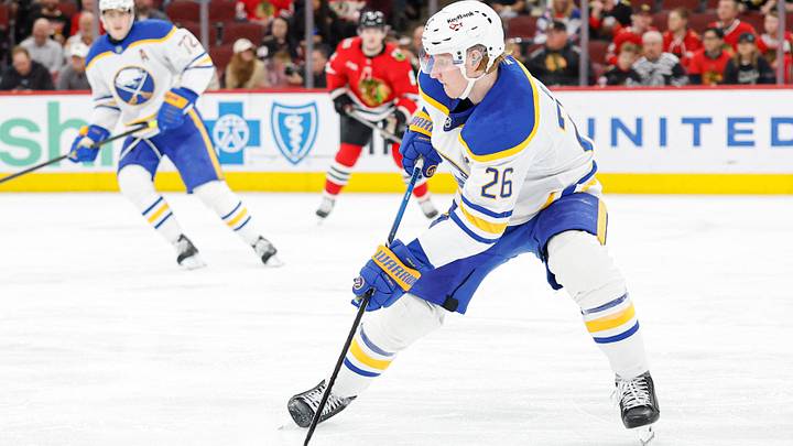 Apr 13, 2026; Chicago, Illinois, USA; Buffalo Sabres defenseman Rasmus Dahlin (26) controls the puck against the Chicago Blackhawks during the second period at United Center. Mandatory Credit: Kamil Krzaczynski-Imagn Images Apr 13, 2026; Chicago, Illinois, USA; Buffalo Sabres defenseman Rasmus Dahlin (26) controls the puck against the Chicago Blackhawks during the second period at United Center. Mandatory Credit: Kamil Krzaczynski-Imagn Images