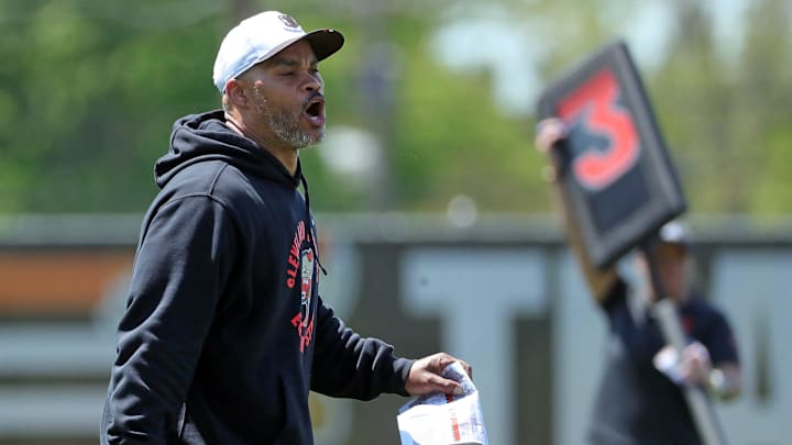 Cleveland Browns running backs coach Duce Staley shouts during day two of NFL rookie minicamp at the Cleveland Browns training facility on Saturday, May 10, 2025, in Berea, Ohio.
