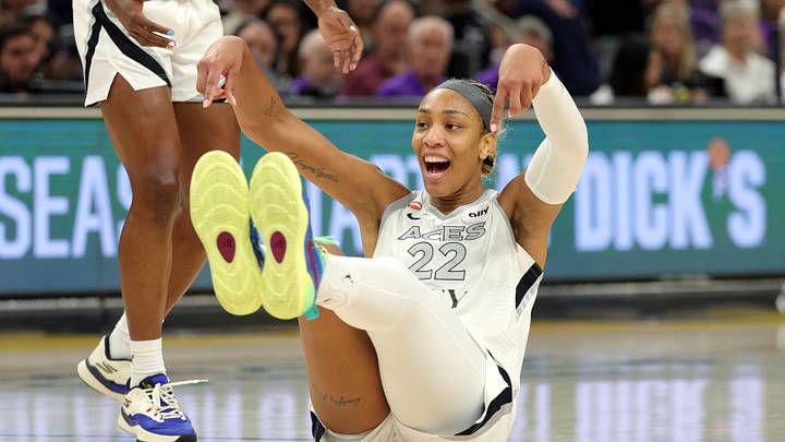 Jun 17, 2026; Phoenix, Arizona, USA; Las Vegas Aces center A'ja Wilson (22) celebrates a shot after being fouled against the Phoenix Mercury in the first half at Mortgage Matchup Center. Mandatory Credit: Mark J. Rebilas-Imagn Images