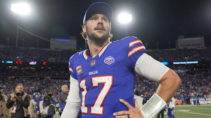 Buffalo Bills quarterback Josh Allen looks around the stadium after the game and their win against the Baltimore Ravens at Highmark Stadium in Orchard Park on Sept. 7, 2025. Buffalo Bills quarterback Josh Allen looks around the stadium after the game and their win against the Baltimore Ravens at Highmark Stadium in Orchard Park on Sept. 7, 2025.