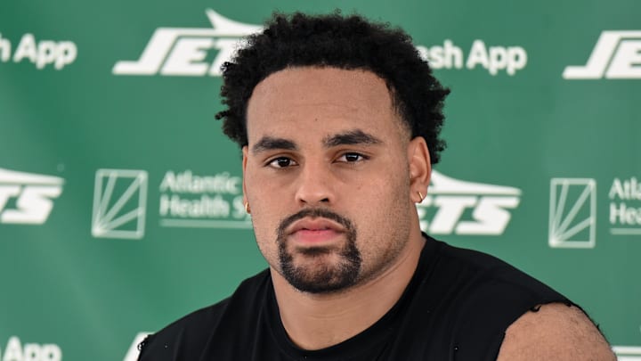 Jul 24, 2025; Florham Park, NY, USA; New York Jets guard Alijah Vera-Tucker (75) speaks to the media during training camp at Atlantic Health Jets Training Center. Mandatory Credit: John Jones-Imagn Images Jul 24, 2025; Florham Park, NY, USA; New York Jets guard Alijah Vera-Tucker (75) speaks to the media during training camp at Atlantic Health Jets Training Center. Mandatory Credit: John Jones-Imagn Images