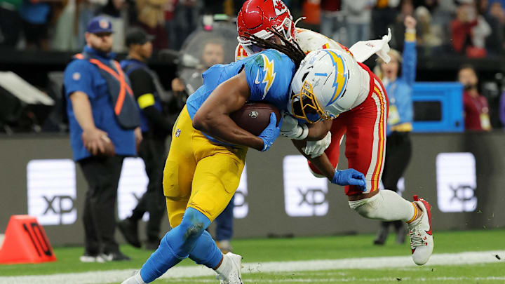 Sep 5, 2025; Sao Paulo, BRAZIL; Los Angeles Chargers wide receiver Quentin Johnston (1) in action before scoring a touchdown against the Kansas City Chiefs in the second half during a NFL game at Corinthians Arena. Mandatory Credit: Amanda Perobelli/Reuters via Imagn Images Sep 5, 2025; Sao Paulo, BRAZIL; Los Angeles Chargers wide receiver Quentin Johnston (1) in action before scoring a touchdown against the Kansas City Chiefs in the second half during a NFL game at Corinthians Arena. Mandatory Credit: Amanda Perobelli/Reuters via Imagn Images